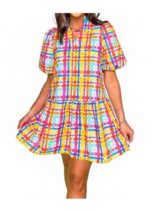 THML Dresses & Skirts - THML yellow multi gingham short puff sleeve dress size Medium whimsy Easter